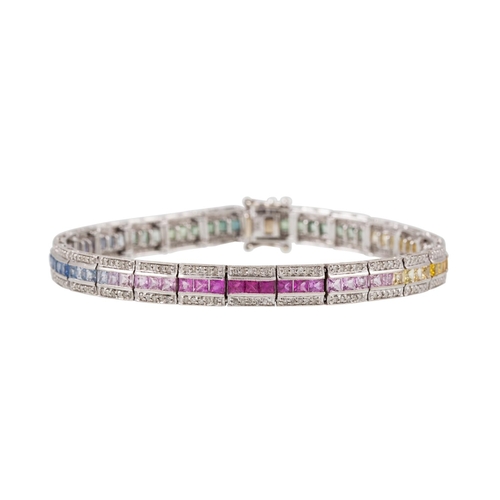 45 - A MULTI COLOURED SAPPHIRE AND DIAMOND BRACELET, green, blue, yellow and pink, flanked by diamond lin... 