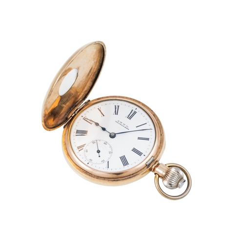 46 - A VINTAGE GOLD PLATED WALTHAM HALF HUNTER POCKET WATCH, white face with Roman numerals