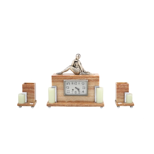 241 - A THREE PIECE ART DECO STYLE FRENCH MARBLE CLOCK.