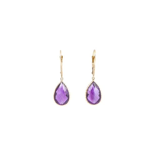 103 - A PAIR OF PEAR SHAPED AMETHYST EARRINGS, mounted in 14ct gold, of drop design