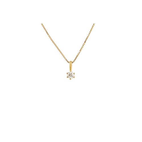 127 - A DIAMOND SOLITAIRE PENDANT, the brilliant cut diamond mounted in 18ct yellow gold, on a gold chain.... 