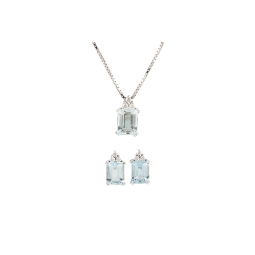 132 - AN AQUAMARINE AND DIAMOND PENDANT, the rectangular aqua surrounded by three brilliant cut diamonds m... 