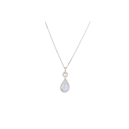 133 - A MOONSTONE AND DIAMOND CLUSTER PENDANT, the pear shaped moonstone to a diamond surround and bail, m... 