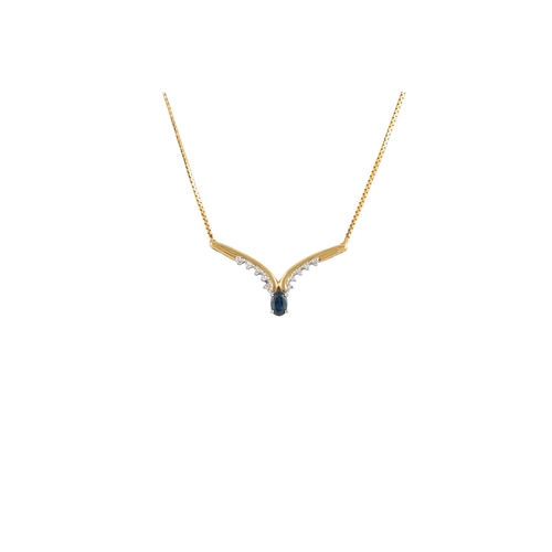 14 - A DIAMOND AND SAPPHIRE NECKLACE, mounted in gold, v-shaped to a back chain