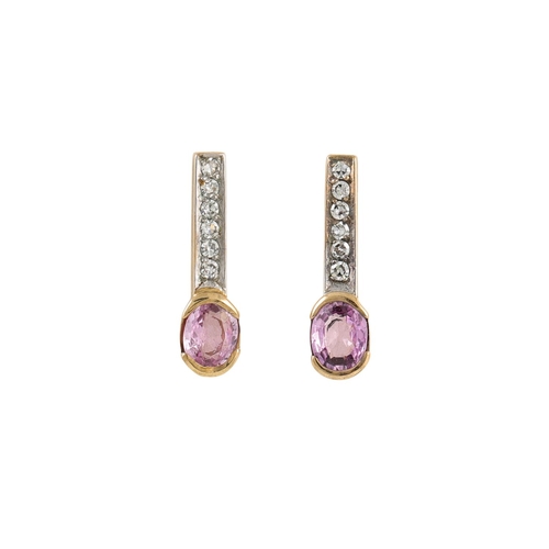 146 - A PAIR OF DIAMOND AND PINK SAPPHIRE DROP EARRINGS, mounted in gold