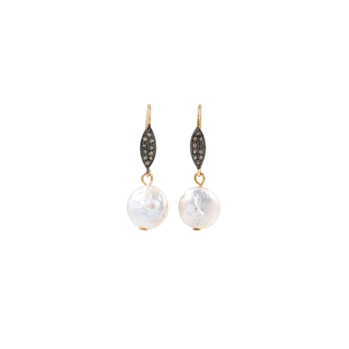 150 - A PAIR OF DIAMOND AND MOTHER OF PEARL DROP EARRINGS, mounted in gold