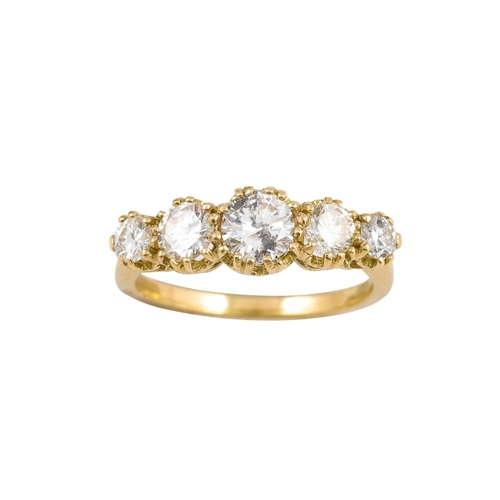 151 - A DIAMOND FIVE STONE RING, the brilliant cut diamonds mounted in 18ct yellow gold.  Estimated: weigh... 