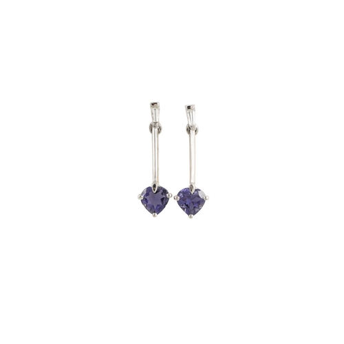 156 - A PAIR OF DIAMOND AND TANZANITE DROP EARRINGS, mounted in white gold