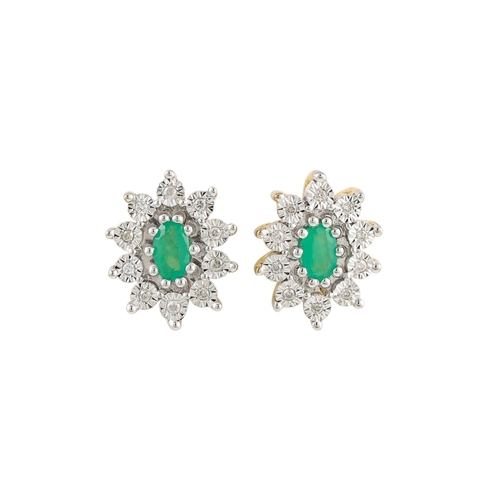 159 - A PAIR OF DIAMOND AND EMERALD CLUSTER EARRINGS, mounted in gold