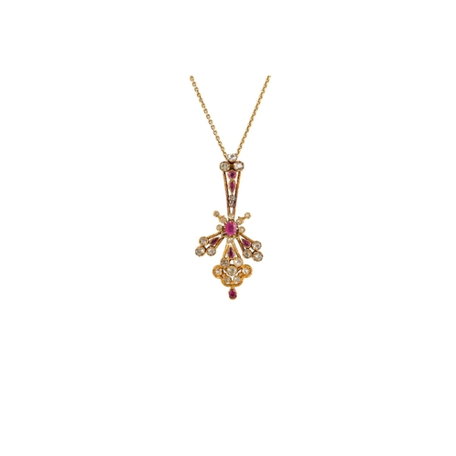 172 - AN ANTIQUE RUBY AND DIAMOND NECKLACE, of Fleur de Lys cluster form, set with old cut diamonds and ru... 