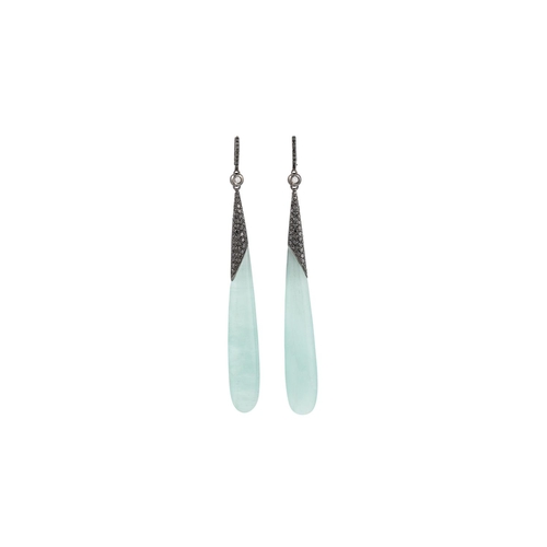 181 - A PAIR OF PRASIOLITE AND BLACK DIAMOND DROP EARRINGS, the diamond set hoops suspending prasiolite dr... 