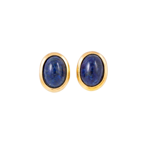 215 - A PAIR OF OVAL LAPIS LAZULI EARRINGS, mounted in gold, clip on fittings