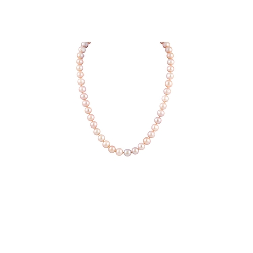 229 - A PINK CULTURED PEARL NECKLACE, with a pearl set silver clasp