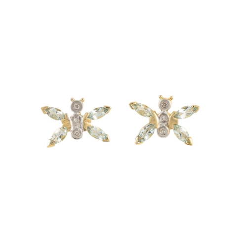 23 - A PAIR OF DIAMOND AND AQUAMARINE EARRINGS, modelled as butterflies, mounted in 9ct gold