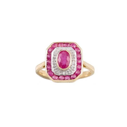 240 - A DIAMOND AND RUBY CLUSTER RING, octagonal form, mounted in 9ct gold, size M-N