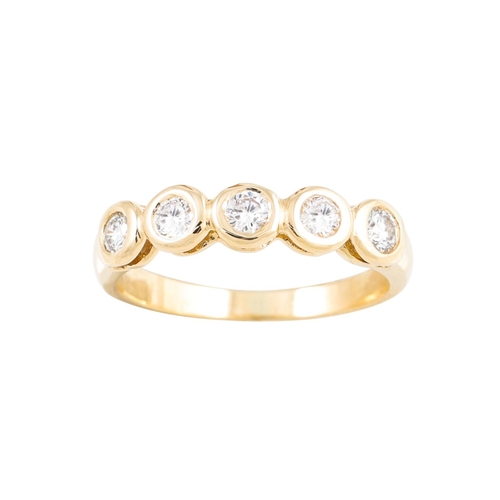 246 - A FIVE STONE DIAMOND RING, mounted in 18ct yellow gold, rub over setting.  Estimated: weight of diam... 