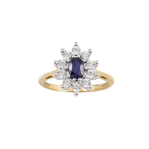 266 - A DIAMOND AND SAPPHIRE CLUSTER RING, of oval form, mounted in 9ct gold, size K - L