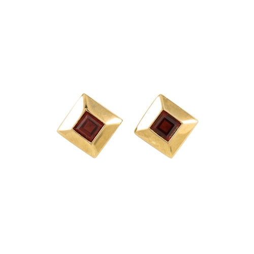 268 - A PAIR OF GARNET EARRINGS, mounted in yellow gold