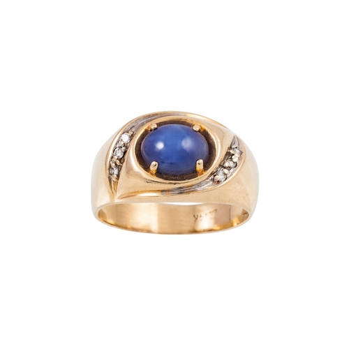 296 - A STAR SAPPHIRE AND DIAMOND RING, the cabochon sapphire to diamond set shoulders, mounted in 14ct go... 