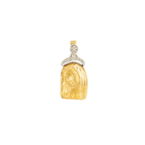 298 - AN 18CT GOLD AND DIAMOND PENDANT, depicting a lady, diamond accents, 6 g.