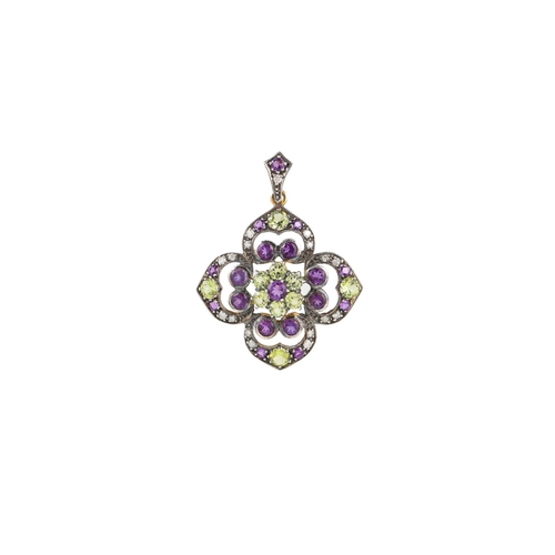 327 - A PERIDOT DIAMOND AND AMETHYST PENDANT, set in yellow metal