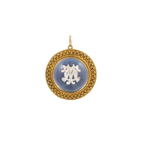 34 - AN ANTIQUE ESSEX CRYSTAL PENDANT, the crystal enclosing initials, to a 15ct gold surround, with bead... 