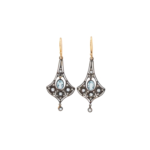 357 - A PAIR OF DIAMOND AND AQUAMARINE DROP EARRINGS, shaped plaque design, mounted in gold