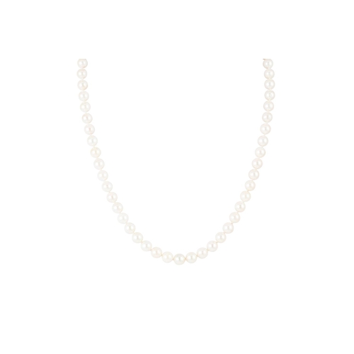 360 - AN ANTIQUE CULTURED PEARL NECKLACE, to an 18ct gold shaped clasp, set with emerald and diamond