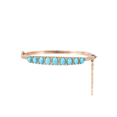 361 - AN ANTIQUE DIAMOND AND TURQUOISE BANGLE, the graduating turquoise stones set between diamond points,... 