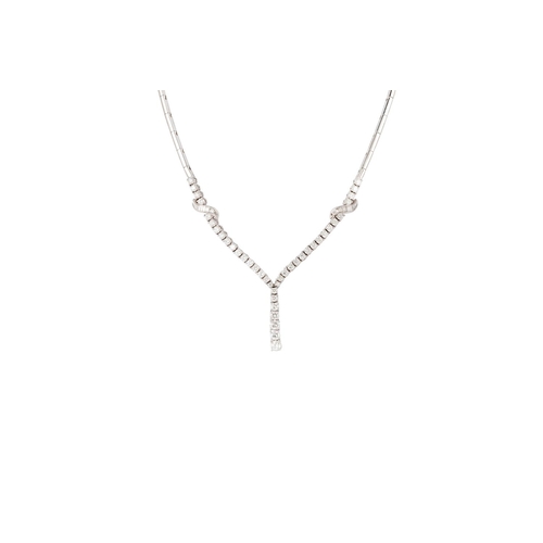 366 - A DIAMOND NECKLACE, of drop design, the brilliant and baguette cut diamonds mounted in 18ct gold. Es... 