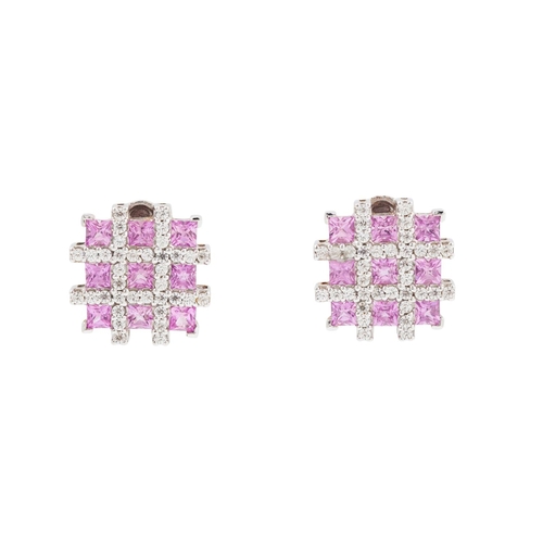 376 - A PAIR OF DIAMOND AND PINK SAPPHIRE EARRINGS, of lattice form, mounted in 18ct gold