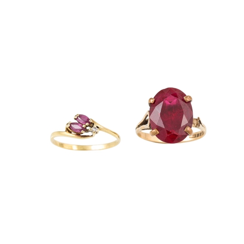 409 - A RUBY AND DIAMOND SET DRESS RING, mounted in 14ct yellow gold, together with a 9ct yellow gold gem ... 