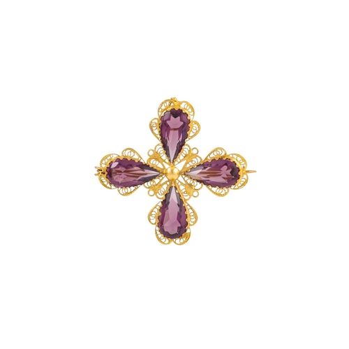 41 - AN ANTIQUE AMETHYST BROOCH, of quatrefoil design, the pear shaped stones to a gold filigree surround... 