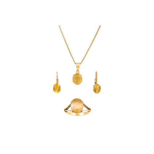 411 - A SUITE OF CITRINE JEWELLERY, comprising of a pendant and chain, a pair of earrings and dress ring, ... 