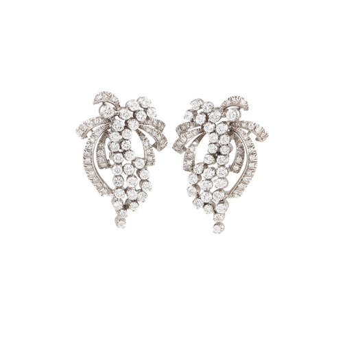 428 - A PAIR OF DIAMOND EARRINGS, of swag cluster design, set with brilliant and eight cut diamonds, mount... 