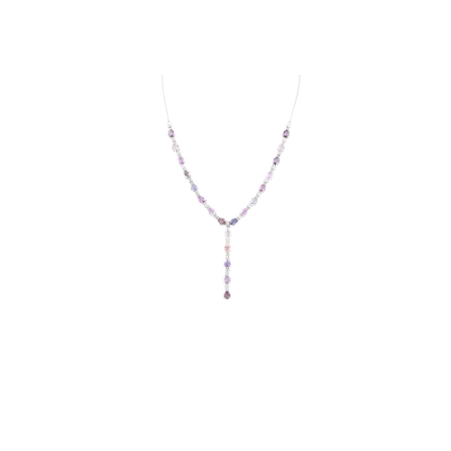 439 - A SAPPHIRE AND DIAMOND NECKLACE, of drop design, mounted in 18ct gold. Estimated: weight of diamonds... 