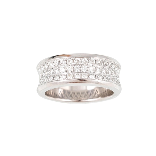 449 - A THREE ROWED DIAMOND RING, the brilliant cut diamonds mounted in 18ct white gold. Estimated: weight... 