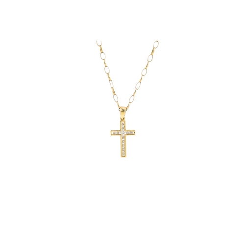 485 - A DIAMOND SET CROSS AND CHAIN, 18ct yellow gold, channel set with twelve round brilliant cut diamond... 