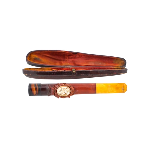 492 - A CASED ANTIQUE CARVED CIGAR HOLDER, with honey amber mouth piece