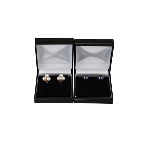 505 - A PAIR OF CULTURED PEARL AND DIAMOND EARRINGS, together with a pair of black cultured pearl earrings