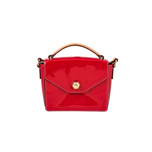 515 - A FRANCES VALENTINE CROSS BODY BAG, soft mini 'Midge' bag, patent red colour with light brown strap ... 