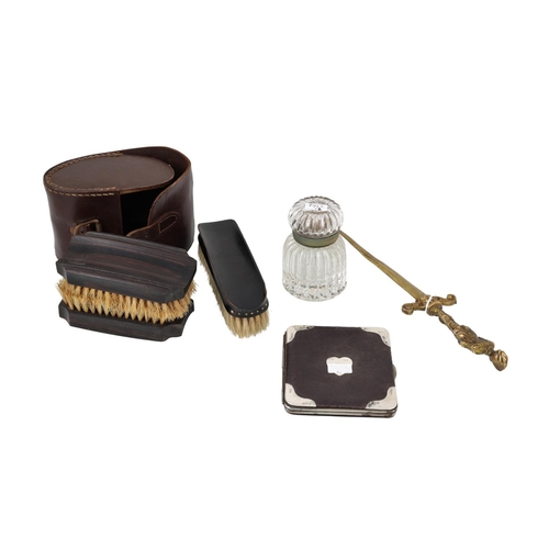 548 - AN INTERESTING COLLECTION OF ROSEWOOD BACKED BRUSHES, an Edwardian silver mounted card case, brass l... 