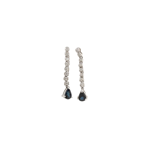 74 - A PAIR OF DIAMOND AND SAPPHIRE DROP EARRINGS, mounted in 14ct gold