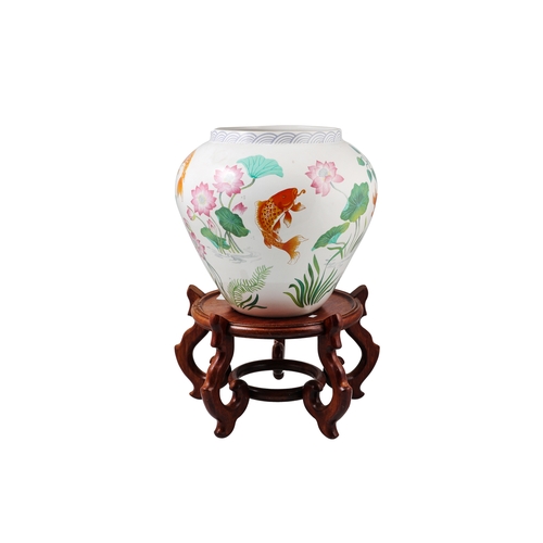 236 - A LARGE CHINESE BOWL, on hardwood stand