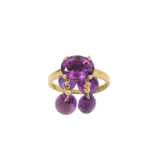 286 - AN AMETHYST DRESS RING, the oval amethyst to an 18ct yellow gold mounted, with four briolette drops ... 