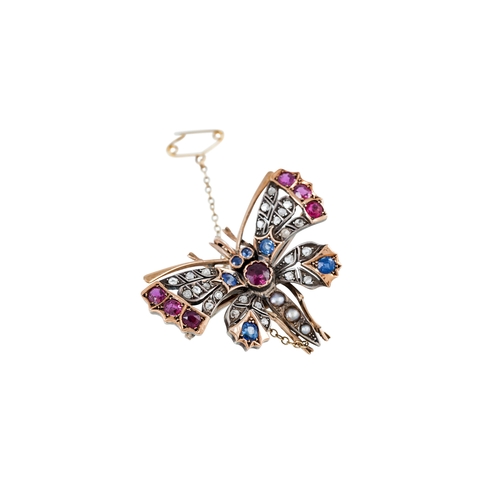 302 - AN ANTIQUE GEM SET BROOCH, modelled as a butterfly, set with ruby, sapphire, diamond and pearl, moun... 