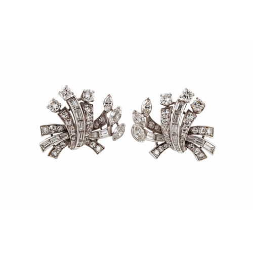 304 - A PAIR OF DIAMOND SET SPRAY CLUSTER EARRINGS, set with round brilliant cut, tapered baguette cut and... 