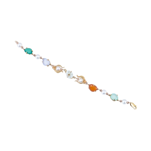 338 - A MULTI GEM SET BRACELET, set with pearls, emerald, moonstone etc. 18ct yellow gold set