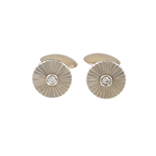 347 - A PAIR OF DIAMOND CUFFLINKS, the brilliant cut diamonds set to fluted 18ct white and yellow gold sur... 