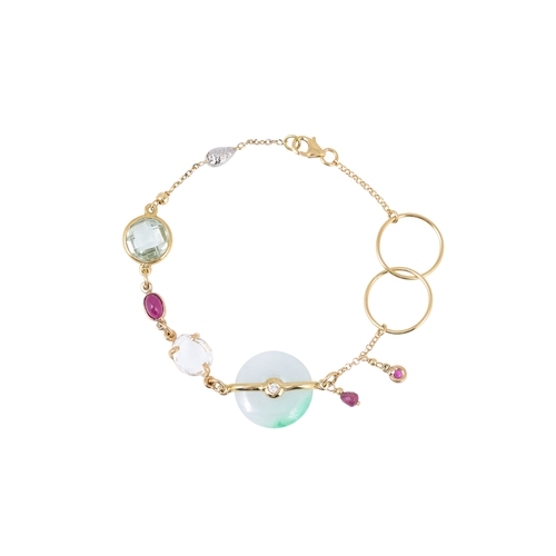 348 - A MULTI GEM SET BRACELET, set with jade, ruby, diamond, etc. with circular 18ct yellow gold links